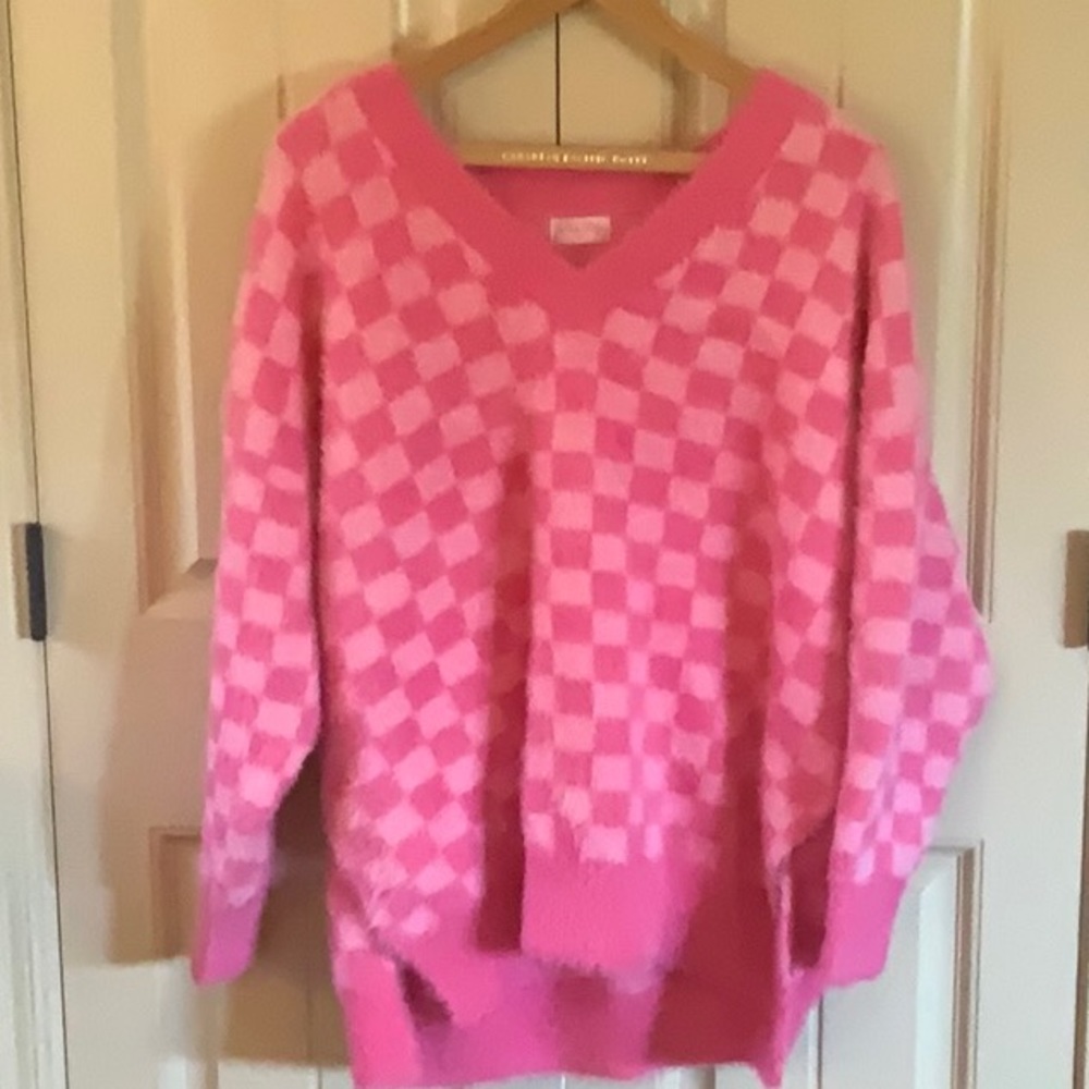 Pink Lily Fuzzy Checkered Sweater